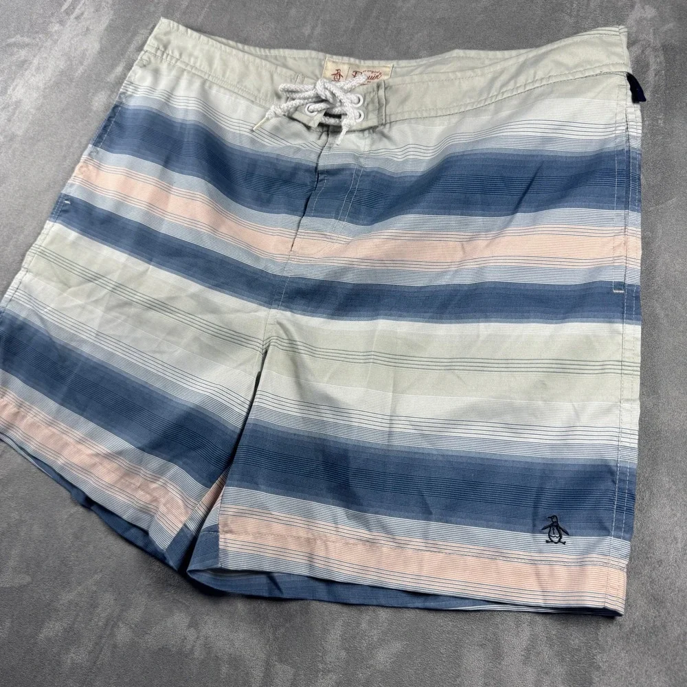 Original Penguin Men's Striped Swim Trunks Blue Grey Peach Size 36 Mesh Lined 6